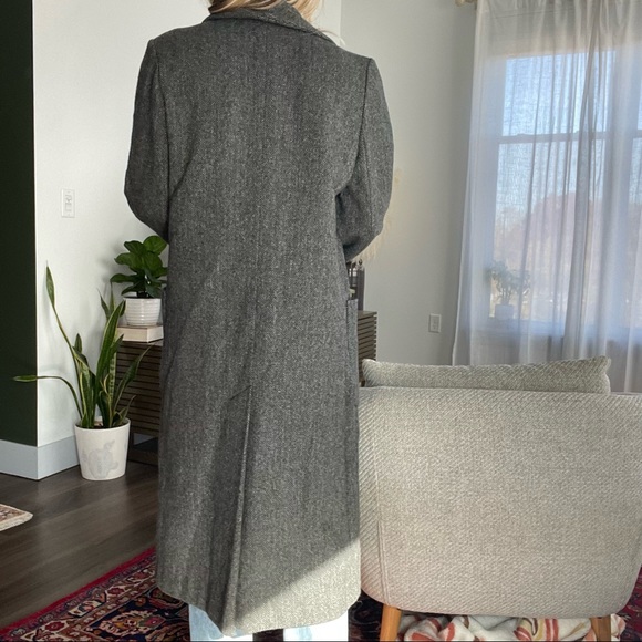 Grey Wool Coat Herringbone Vintage Charcoal Long Jacket Double Breasted Collared - Picture 4 of 8